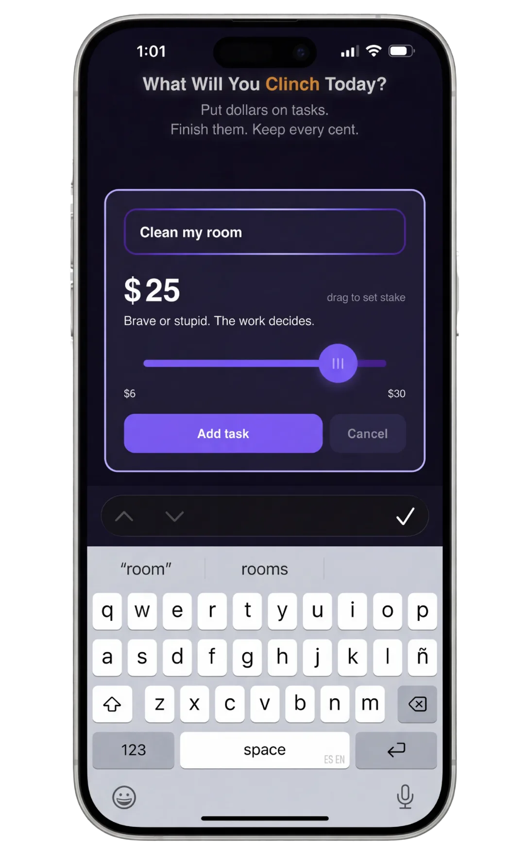 Set your stake — app screenshot
